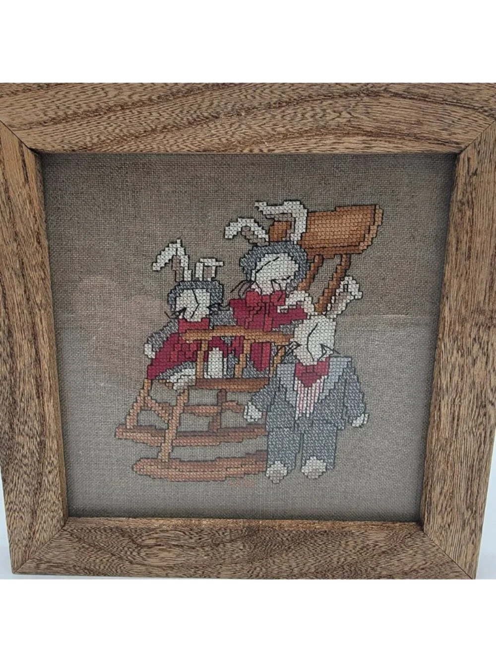 Vintage 1992 Signed Cross-Stitch Embroidered City Cousins Bunny Rabbits